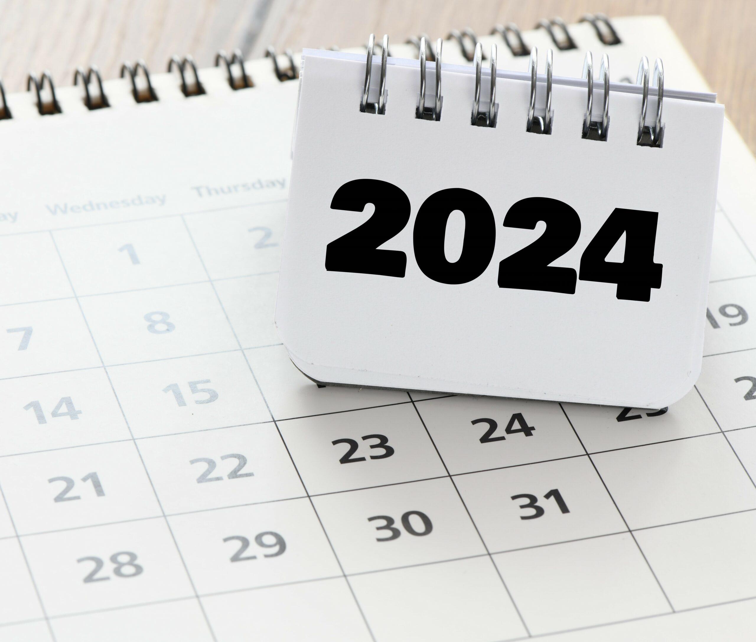 New year calendar on a table, ready for planning the Koala Digital social media content calendar January edition 2024!